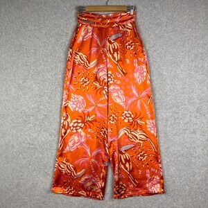 House of Harlow Orange Tropical Print Satin Wide Leg High Waisted Pants Size XS